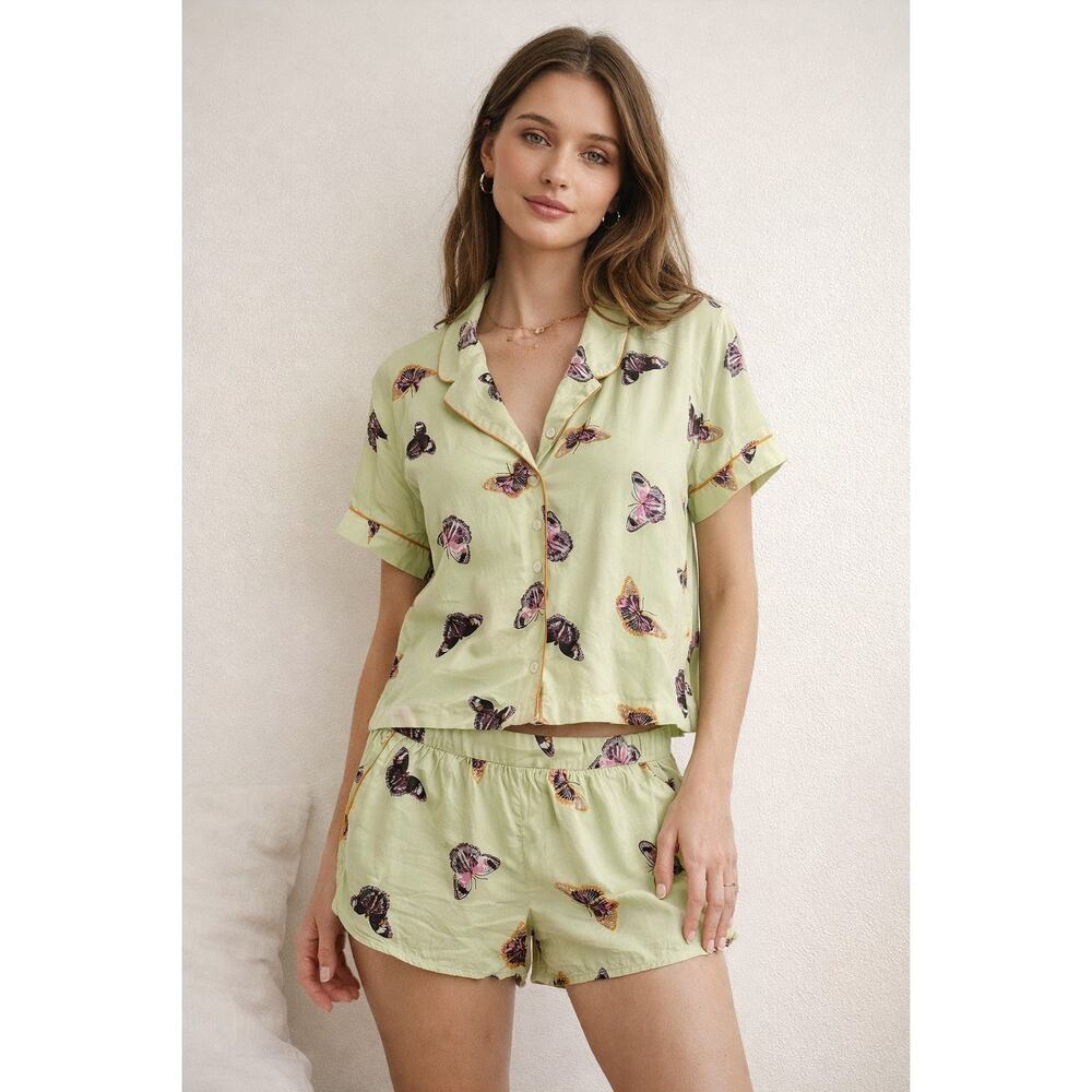Anthro Butterfly Pajama Set Top S Shorts XS Green Lounge Sleepwear Resort girly
